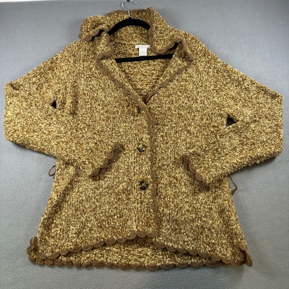 Tweeds Womens Brown Marled Knit Scalloped Trim Button Front Cardigan Sweater L